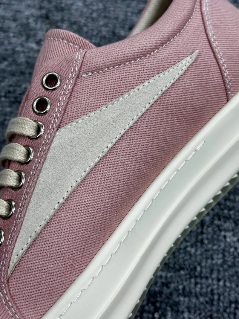 R Owens DRKSHDW Pink Distressed Canvas Low-Top Sneakers Side View Detail