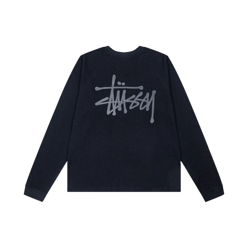 Back Stussy Fall Logo Waffle Knit Raglan Long-Sleeve Shirt