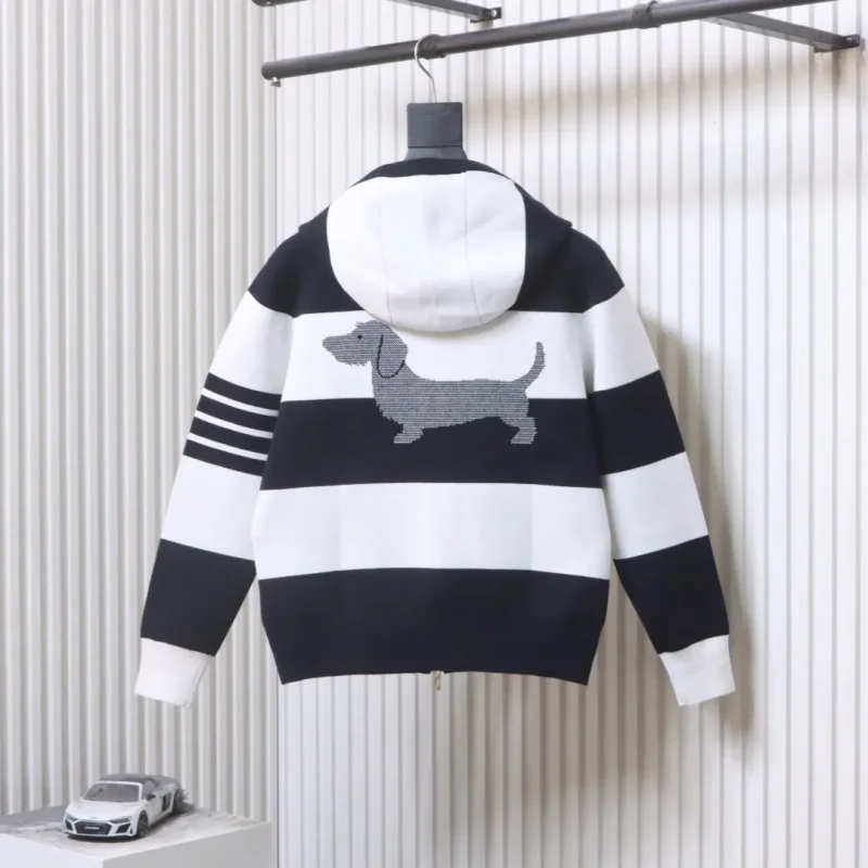 Back View TB Wide-Stripe Puppy Knit Hooded Cardigan