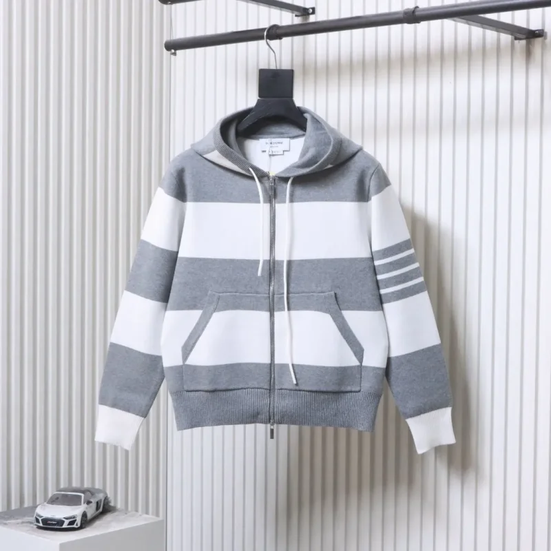 TB Wide-Stripe Puppy Knit Hooded Cardigan