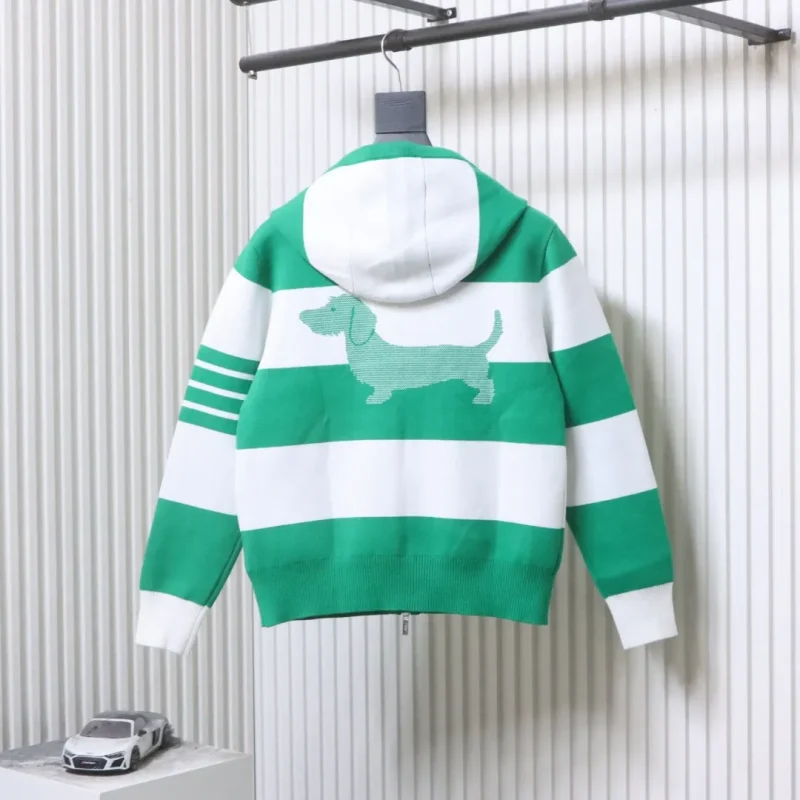 Back View TB Wide-Stripe Puppy Knit Hooded Cardigan