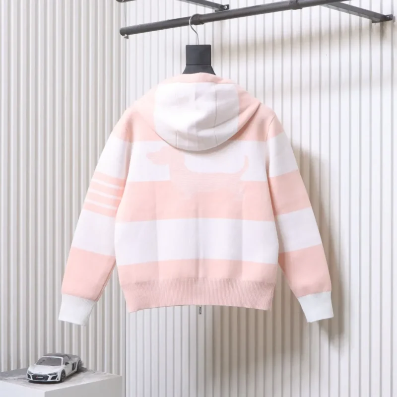 Back View TB Wide-Stripe Puppy Knit Hooded Cardigan