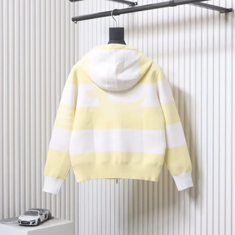 Back View TB Wide-Stripe Puppy Knit Hooded Cardigan