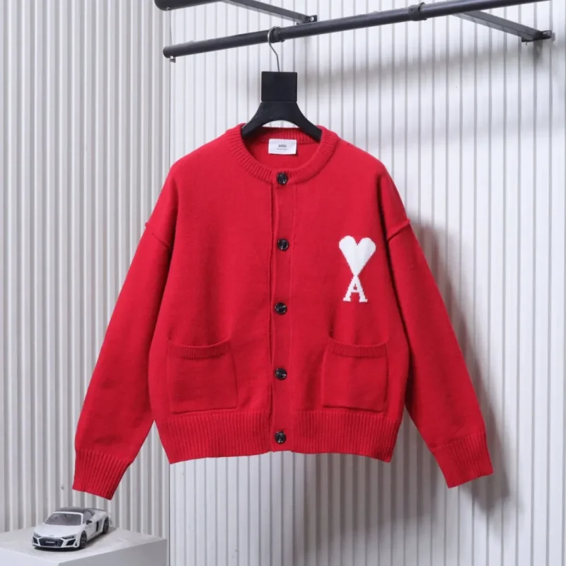 AMI Heart Logo Pocket Cardigan Sweater