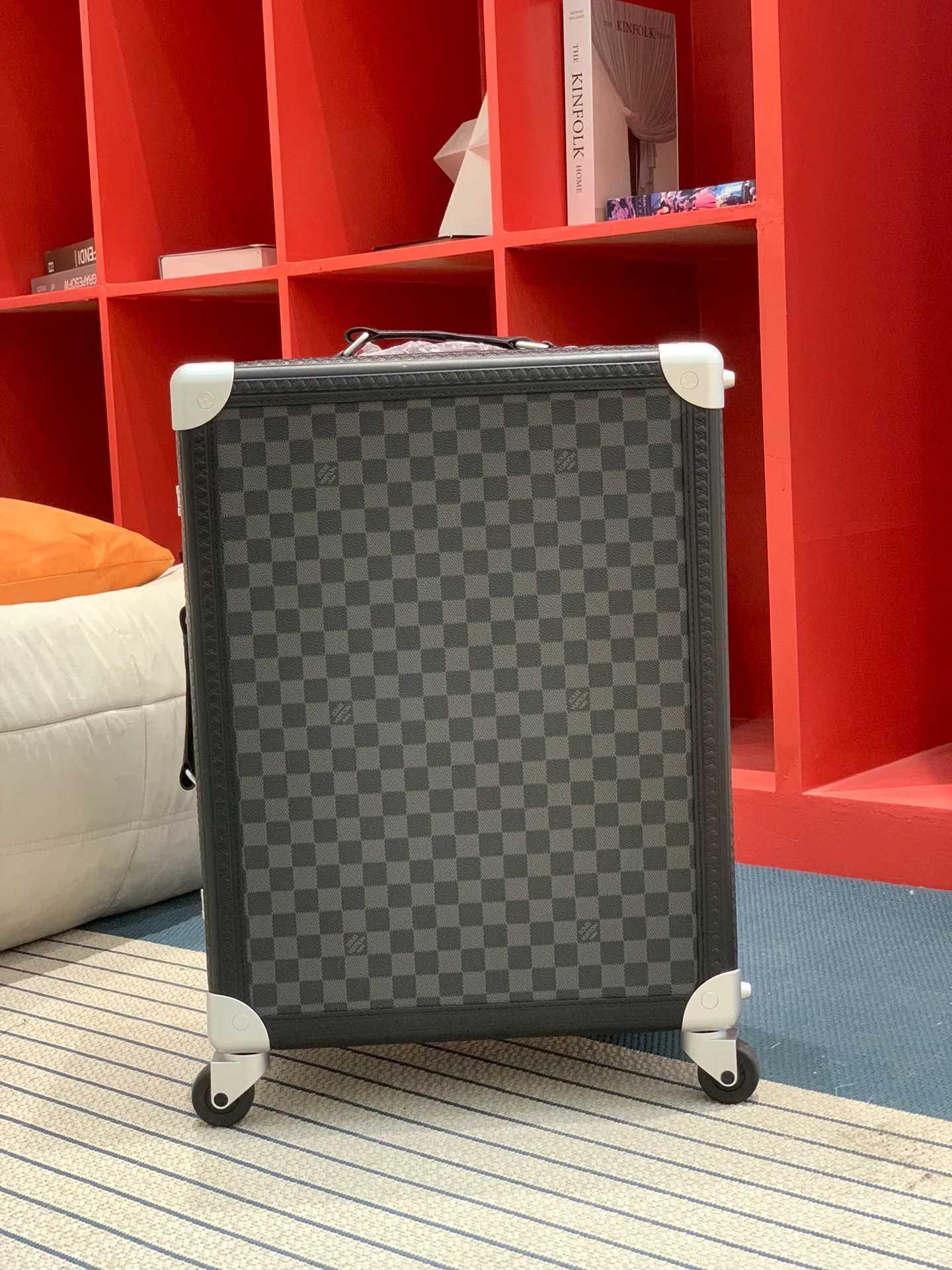 Black Damier Rolling Trunk Suitcase Front View With Retracted Handle