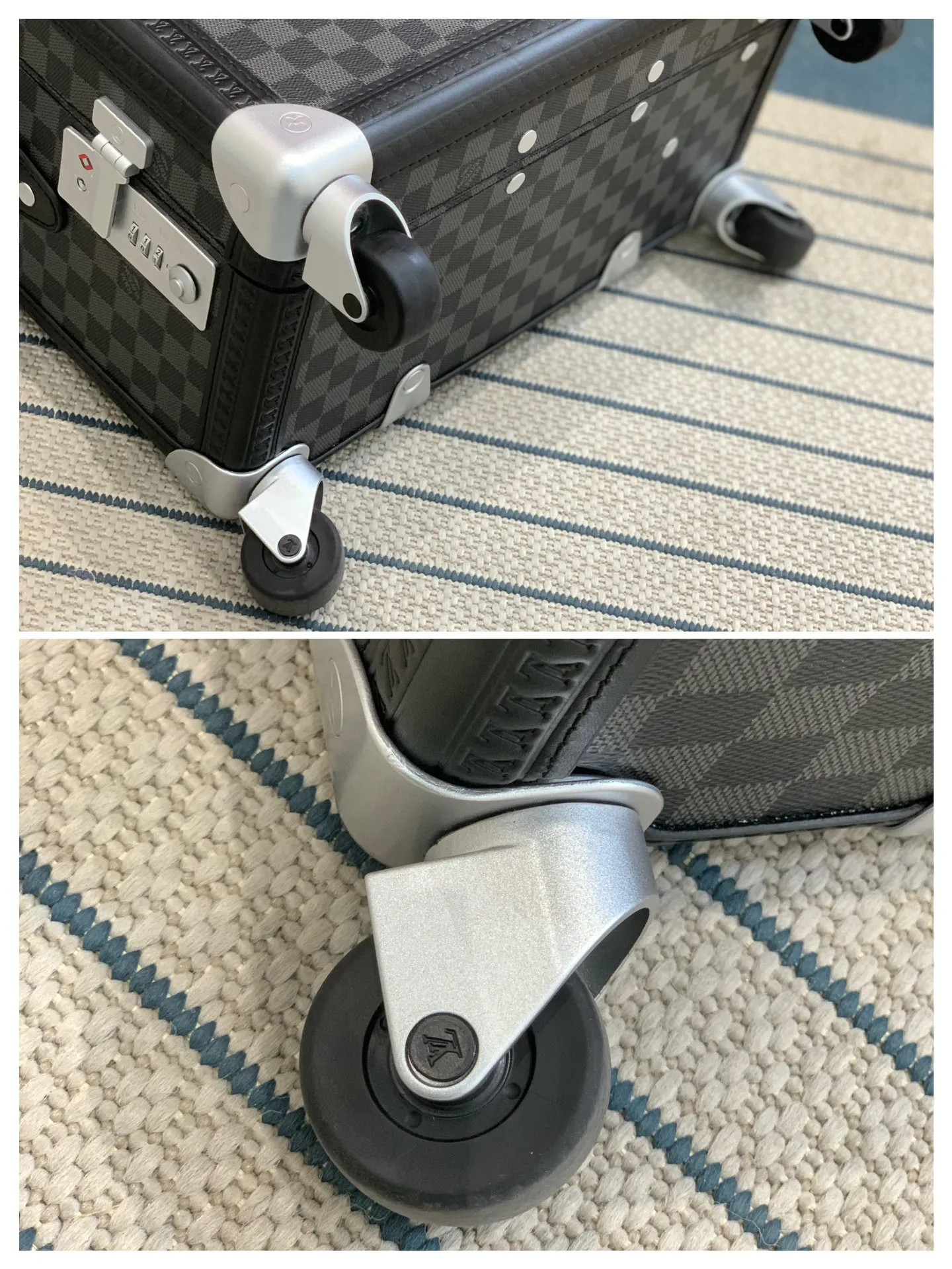 Black Damier Rolling Trunk Suitcase Wheel Detail