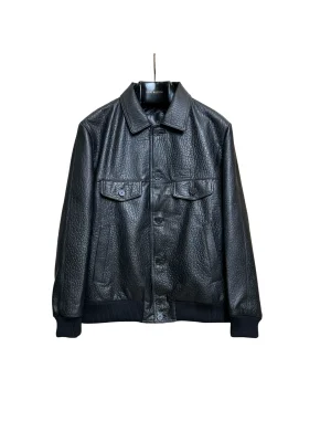 Embossed Logo Pebbled Leather Jacket