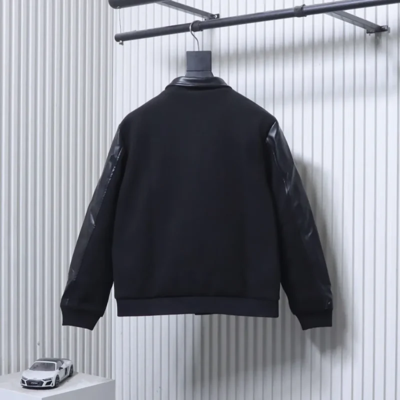 Back View Leather Sleeve Pocket Baseball Jacket