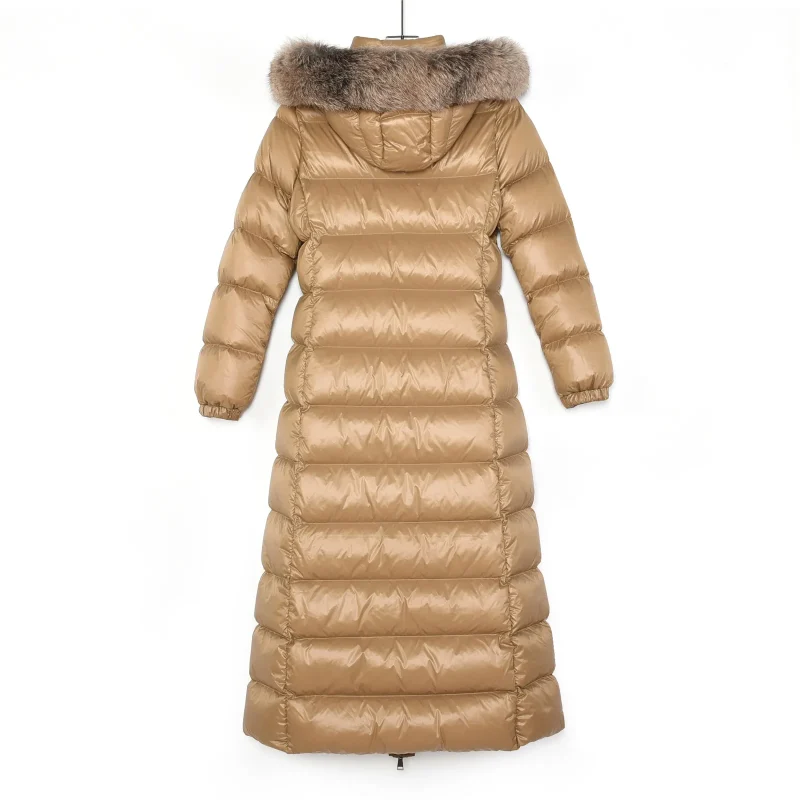 Back View Mcler Hudson Fur Trim Long Hooded Down Jacket