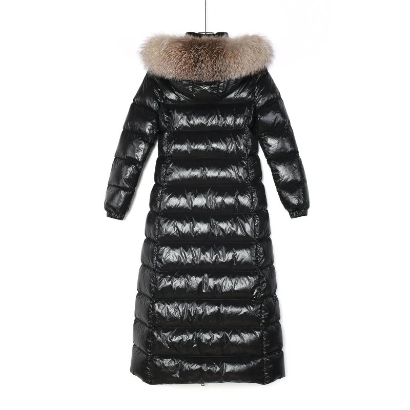 Back View Mcler Hudson Fur Trim Long Hooded Down Jacket