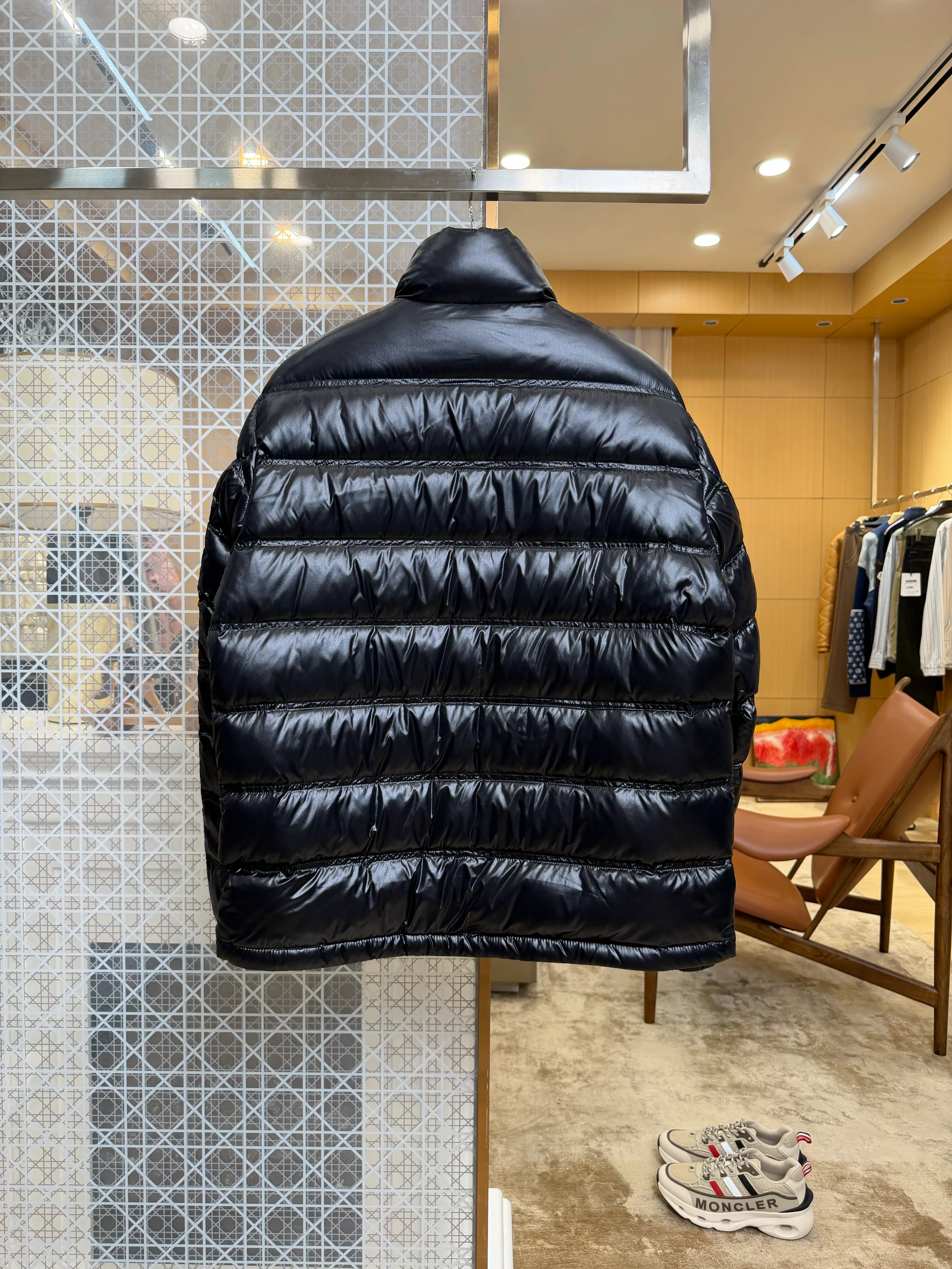 Back View Mcler Letter Logo Glossy Stand Collar Down Jacket