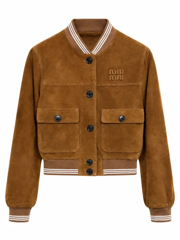 MiuM Caramel Brown Distressed Suede Baseball Jacket