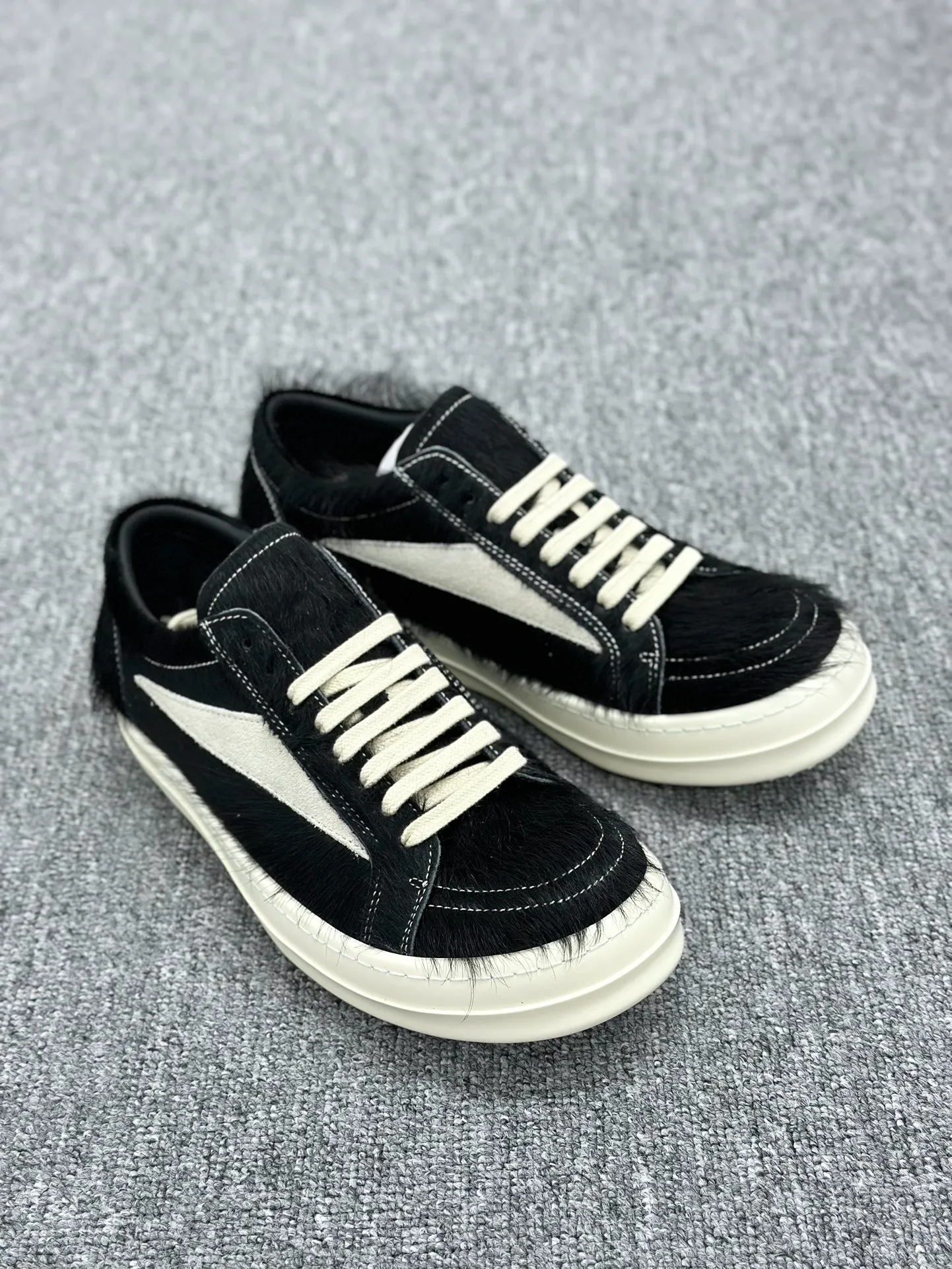 R 0wens Black Milk Hair-On Leather Vintage Low Sneakers Angeled View