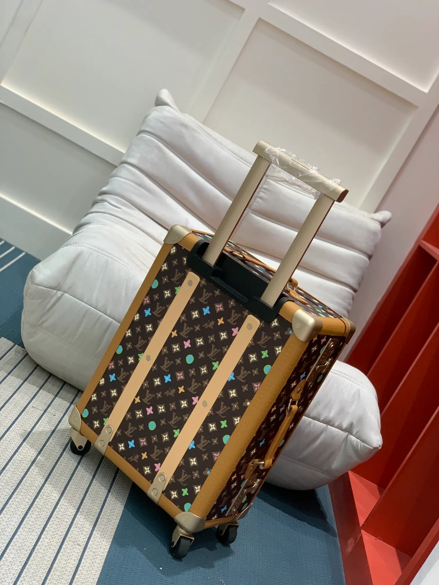 Brown Multicolor Monogram Rolling Trunk With Extended Handle