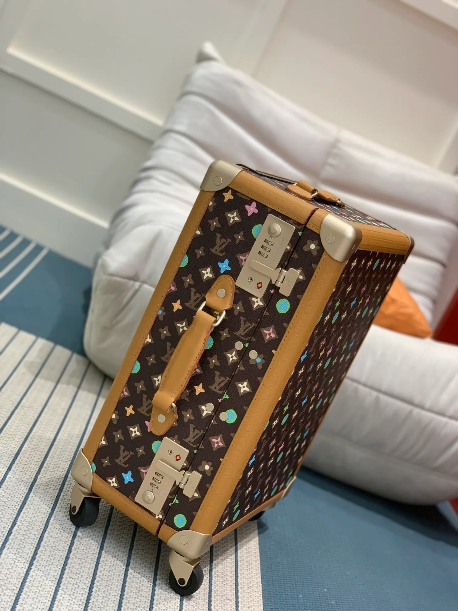 Brown Multicolor Monogram Rolling Trunk Side View With Combination Locks