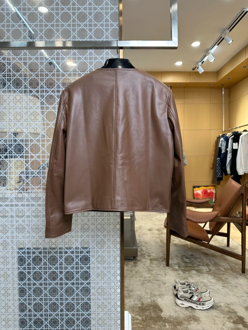 Back View TR Minimalist Crew Neck Leather Jacket