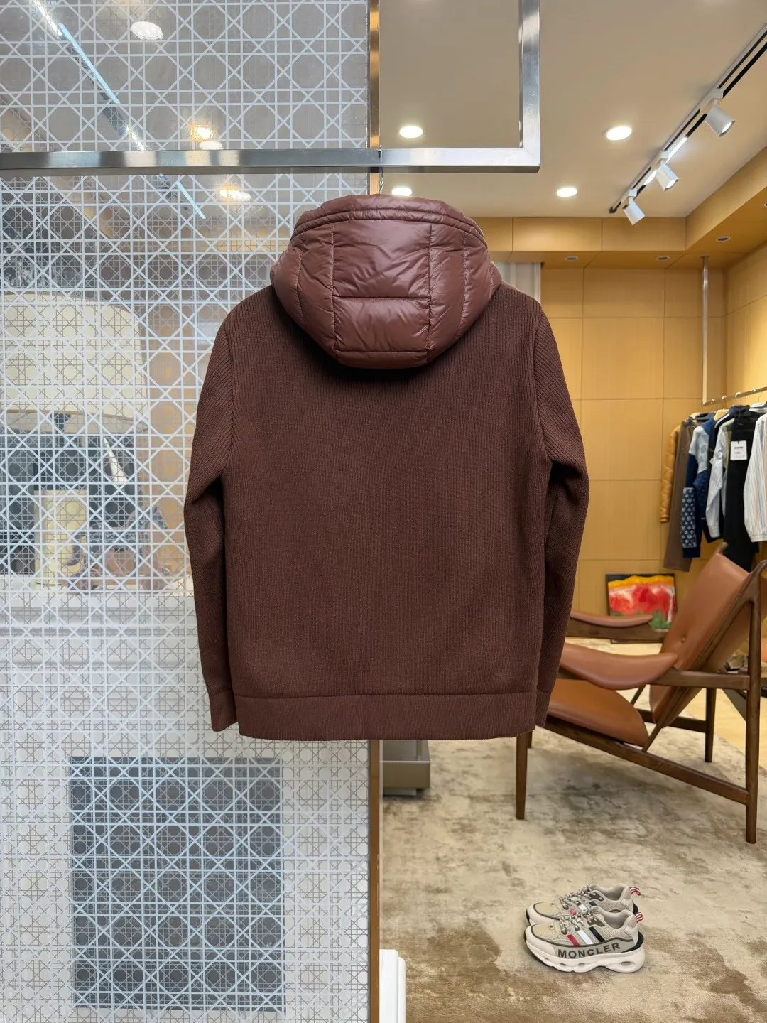 Back View Triangle Logo Knit Sleeve Hooded Down Jacket