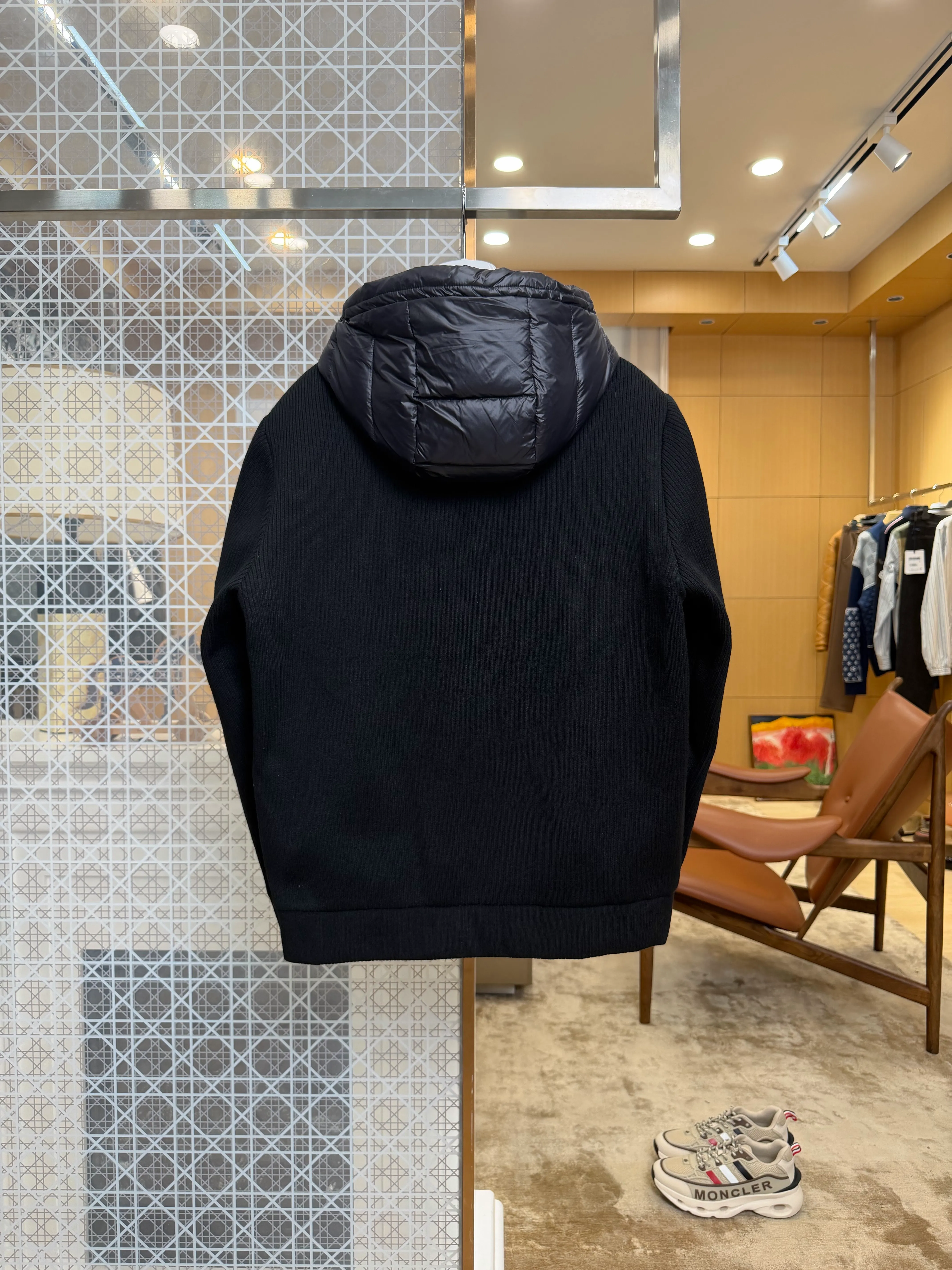 Back View Triangle Logo Knit Sleeve Hooded Down Jacket